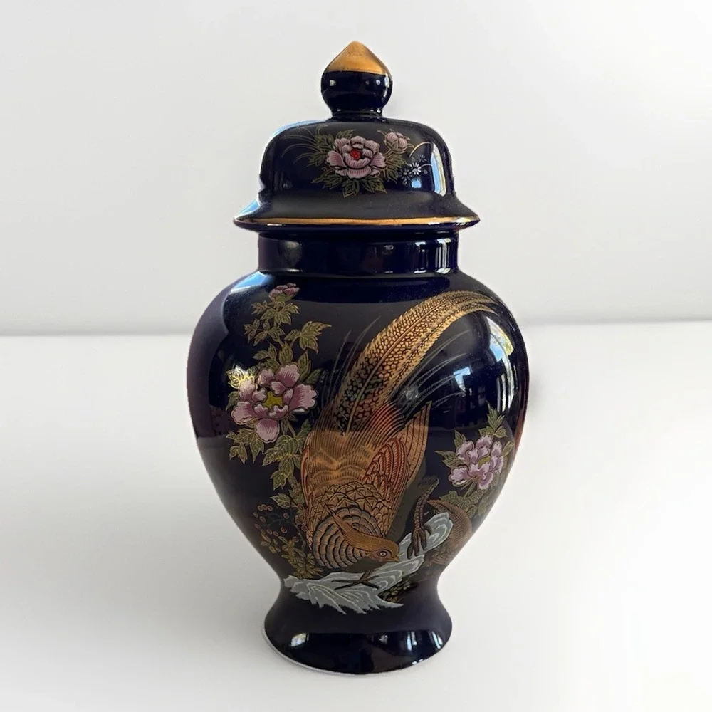 Vintage‎ Cobalt Blue Urn Bird and Floral Pattern Gold Japan